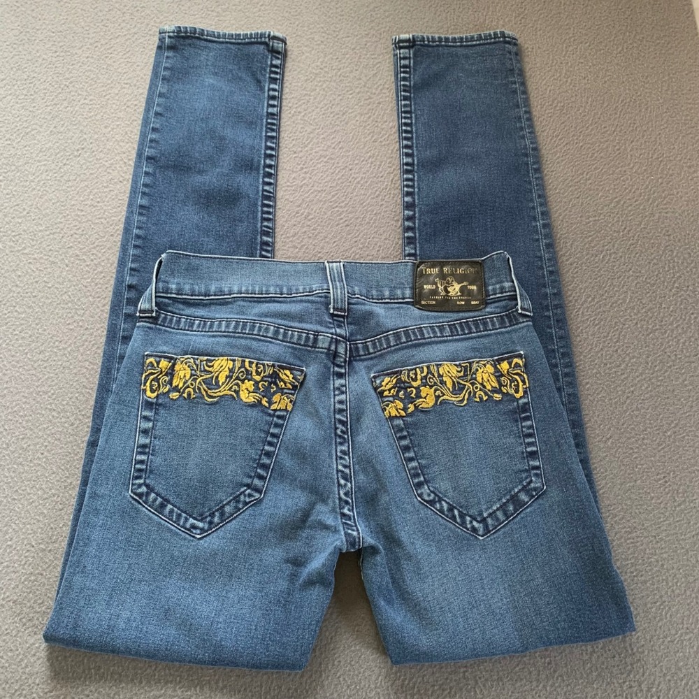 True Religion Rocco Relaxed Skinny Jeans Gold Embroidery Mens Size 29x33